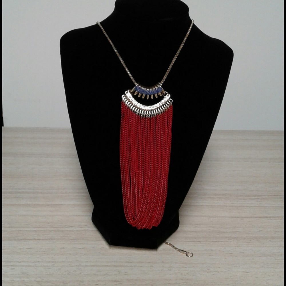 Gold tone chain  large red blue tassel rinestones